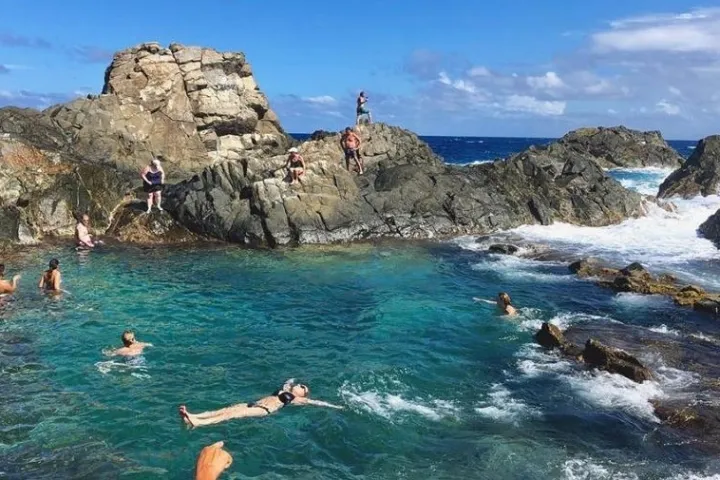a group of people swimming in the water