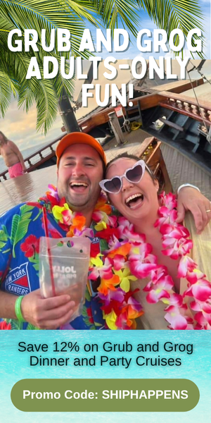 Two people on a boat wearing leis, smiling, and holding drinks. Text about Grub and Grog adults-only cruises.