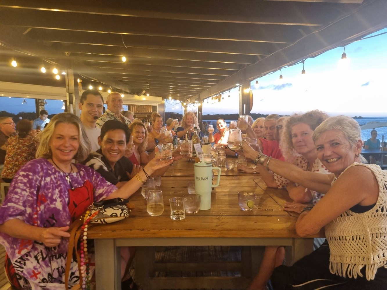 Group of people smiling and raising glasses at an outdoor restaurant with string lights.
