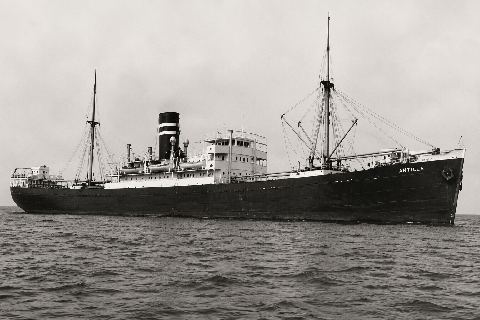 Vintage black and white photo of a large cargo ship at sea.