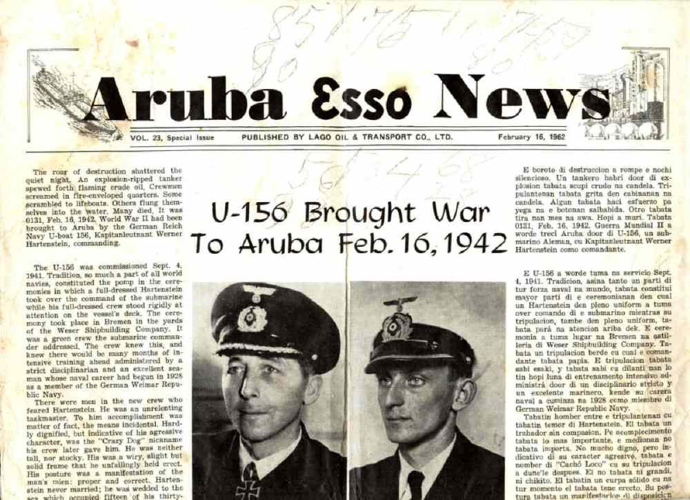 Newspaper front page titled 'Aruba Esso News' with wartime photos of two men in uniform.