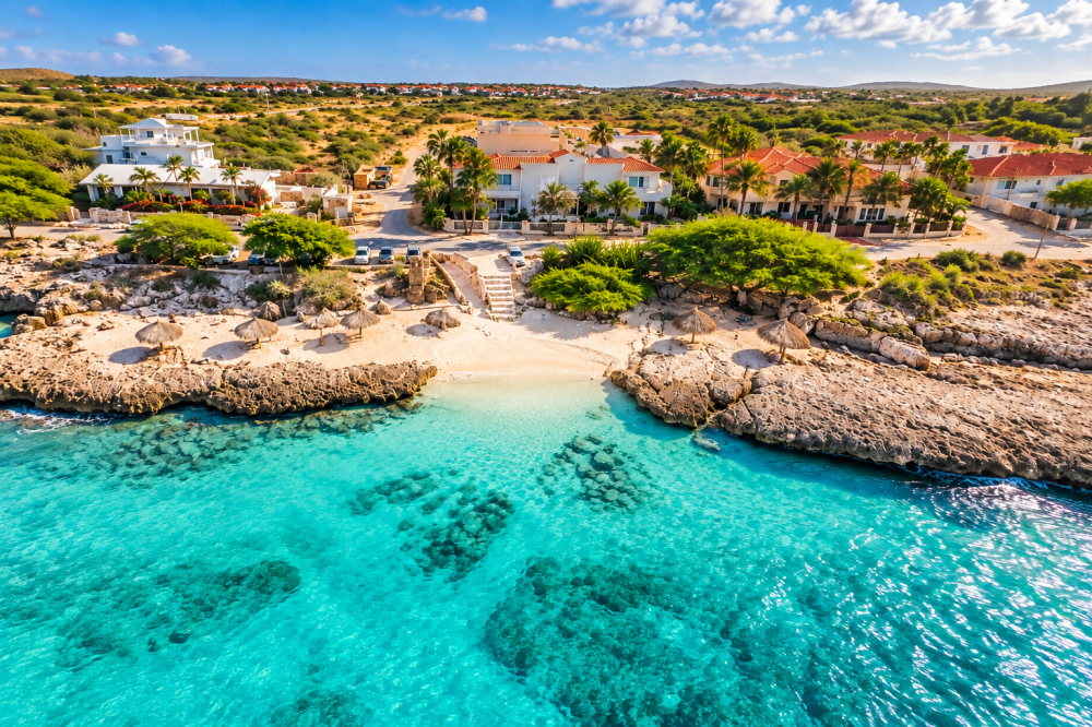 Aerial view of a beach with turquoise water, rocky shoreline, and buildings surrounded by greenery.