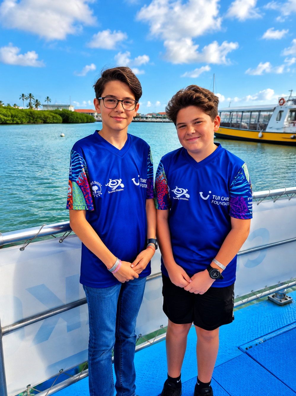 Two boys in blue shirts standing on a boat near the water on a sunny day.