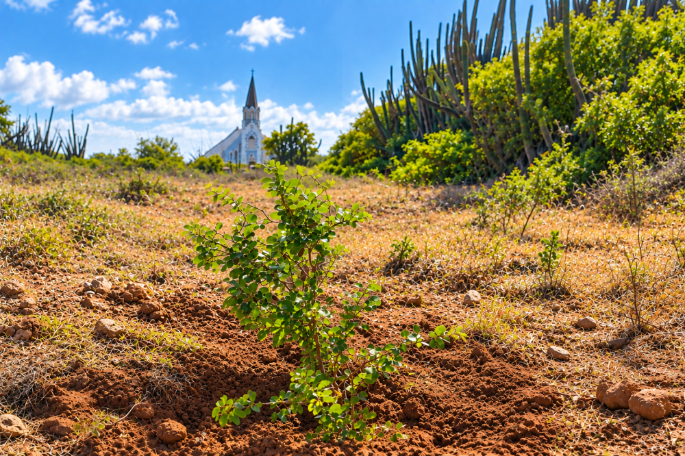 Young plant in dry terrain with distant church and cacti under blue sky.