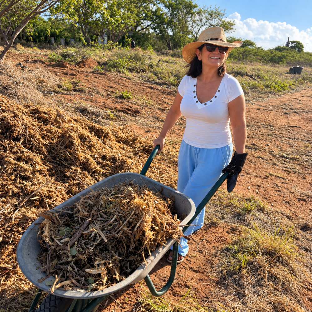 Carla Cavallaro volunteering with a wheelbarrow during a Ban Lanta y Planta planting day in Aruba.