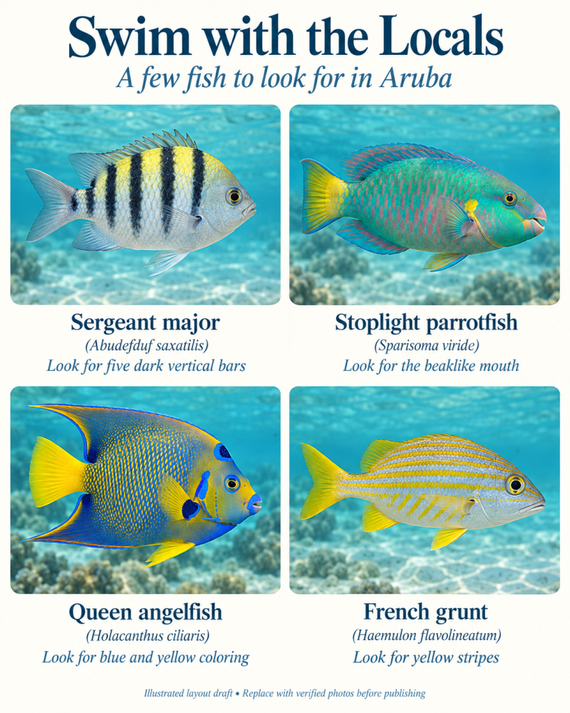 Aruba reef fish guide showing a sergeant major, stoplight parrotfish, queen angelfish, and French grunt